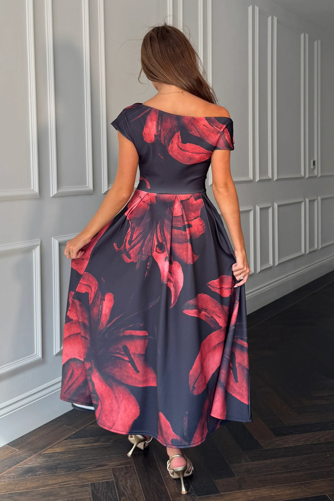 Betty Black Floral Asymmetric Neckline Skater Maxi Dress