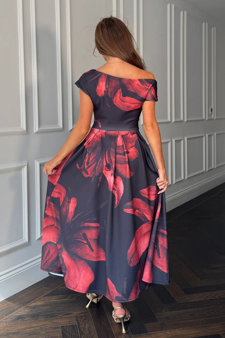 Betty Black Floral Asymmetric Neckline Skater Maxi Dress