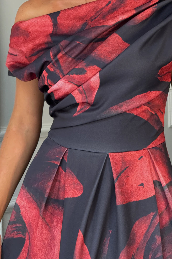 Betty Black Floral Asymmetric Neckline Skater Maxi Dress