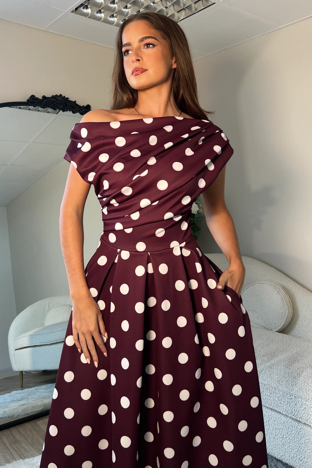Betty Burgundy Polka Dot Asymmetric Neckline Skater Maxi Dress With Pockets
