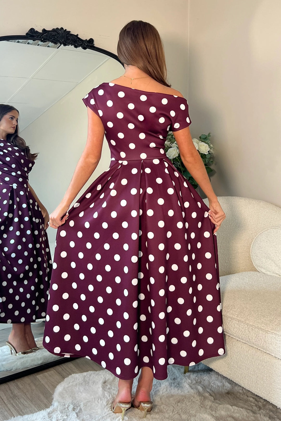 Betty Burgundy Polka Dot Asymmetric Neckline Skater Maxi Dress With Pockets
