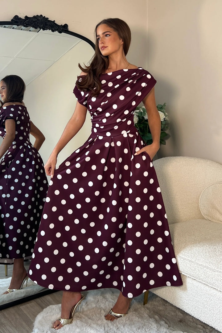 Betty Burgundy Polka Dot Asymmetric Neckline Skater Maxi Dress With Pockets