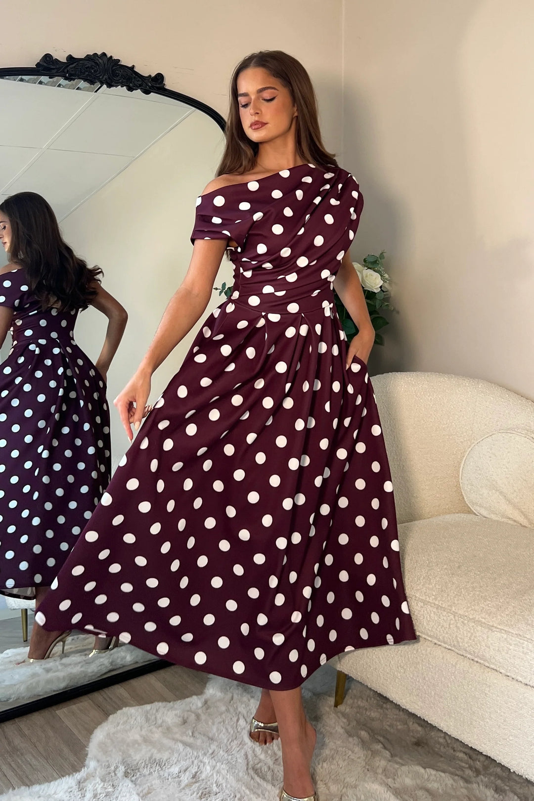Betty Burgundy Polka Dot Asymmetric Neckline Skater Maxi Dress | LittleMadam Betty Burgundy Polka Dot Asymmetric Neckline Skater Maxi Dress | LittleMadam
