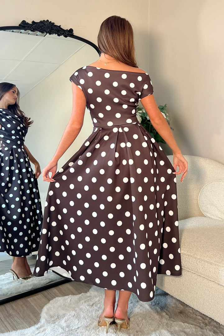 Betty Brown Polka Dot Asymmetric Neckline Skater Maxi Dress With Pockets