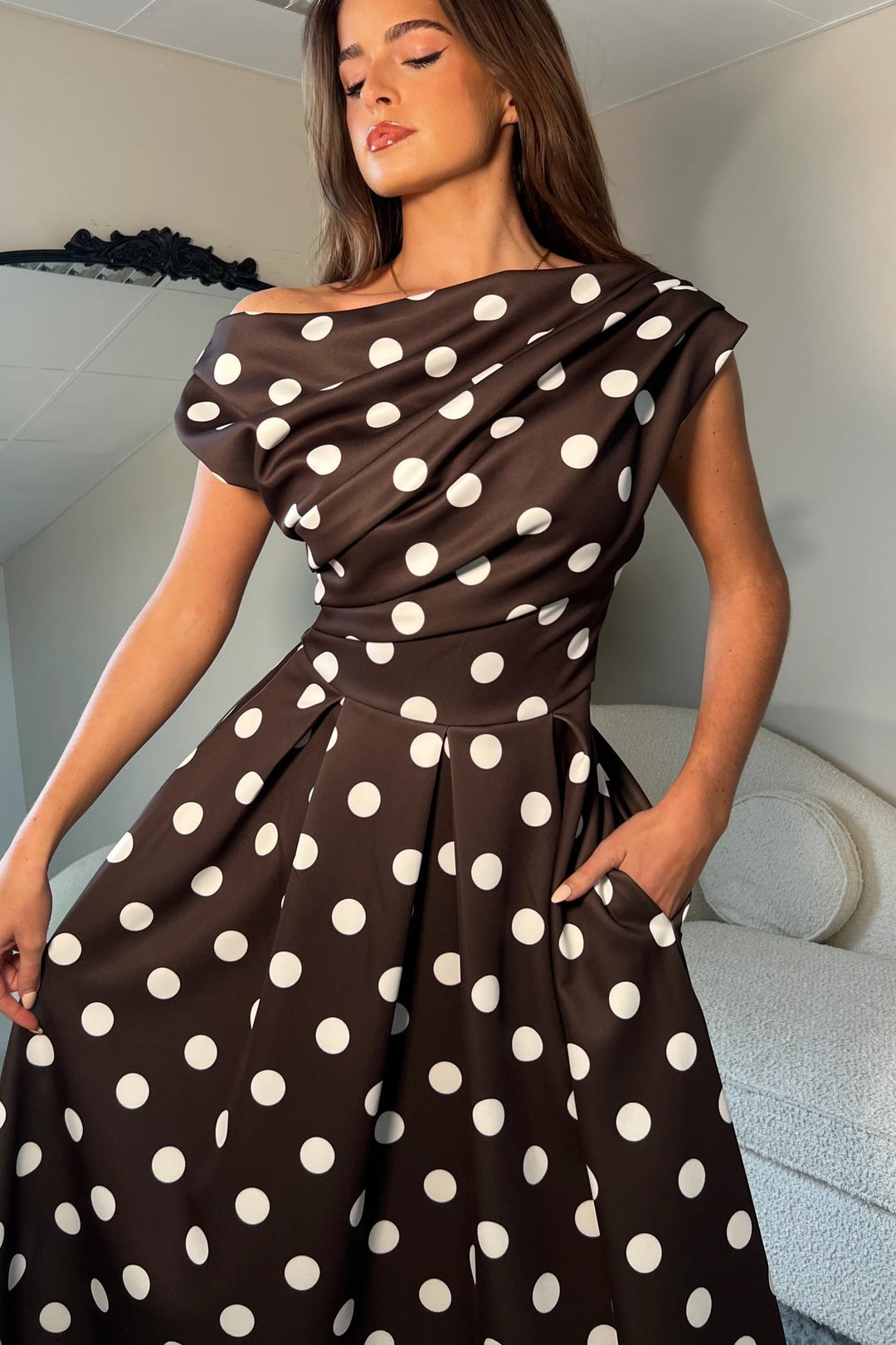 Betty Brown Polka Dot Asymmetric Neckline Skater Maxi Dress With Pockets