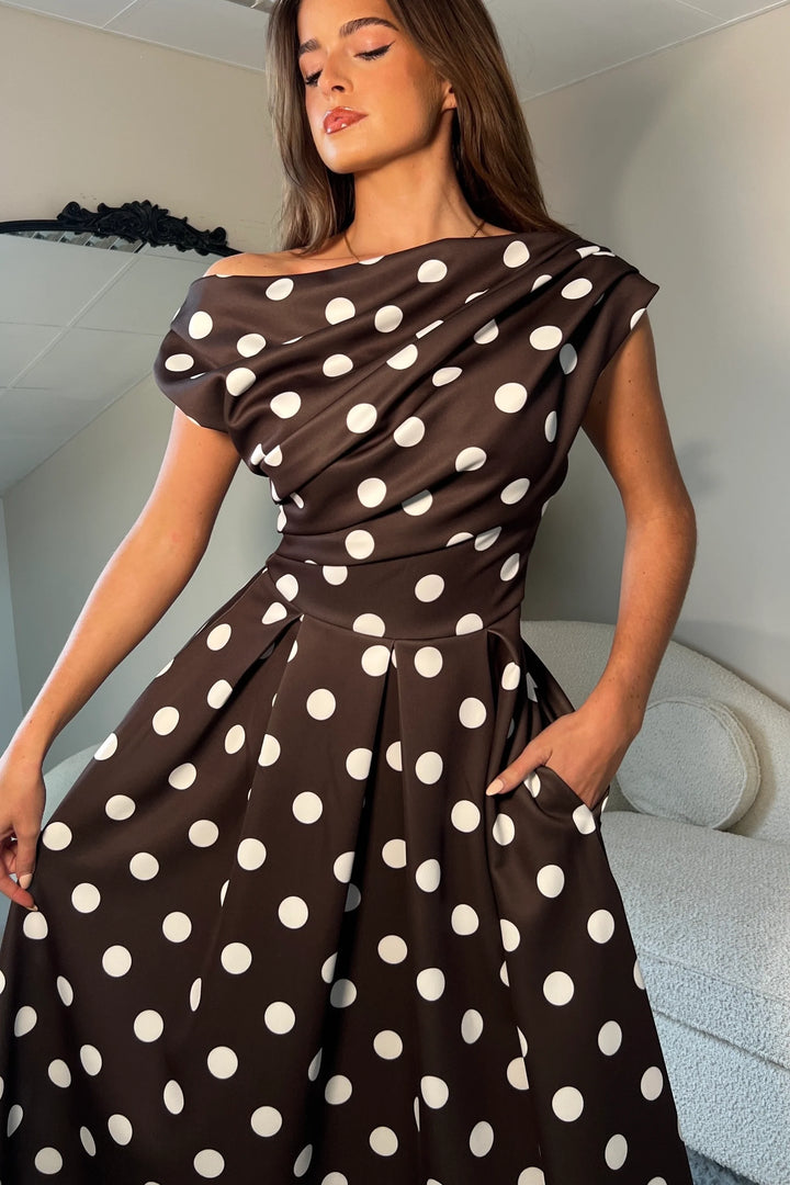 Betty Brown Polka Dot Asymmetric Neckline Skater Maxi Dress With Pockets