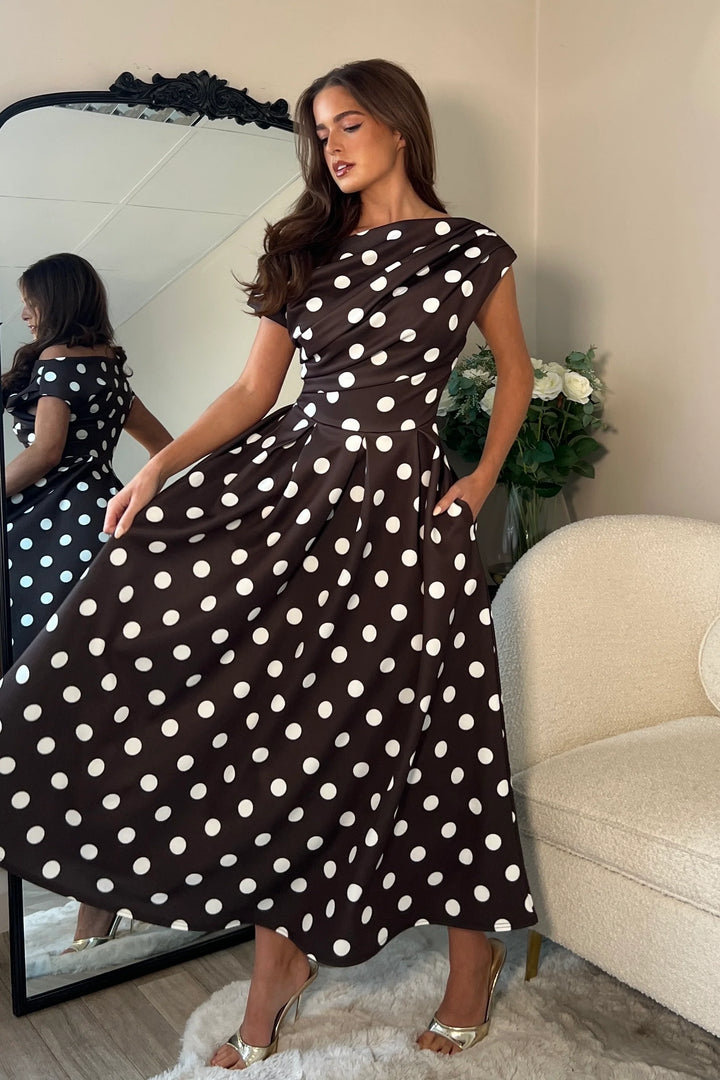 Betty Brown Polka Dot Asymmetric Neckline Skater Maxi Dress With Pockets