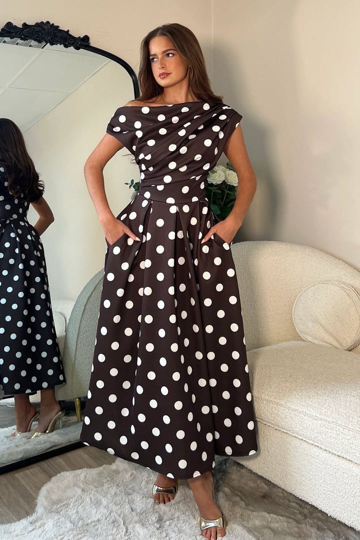 Betty Brown Polka Dot Asymmetric Neckline Skater Maxi Dress With Pockets