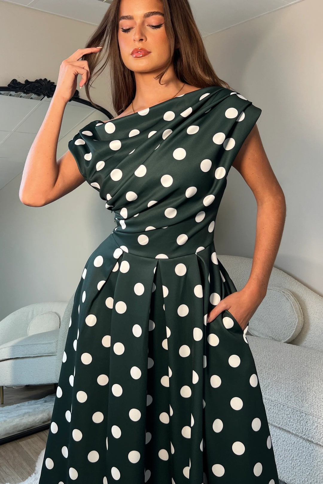 Betty Green Polka Dot Asymmetric Neckline Skater Maxi Dress With Pockets