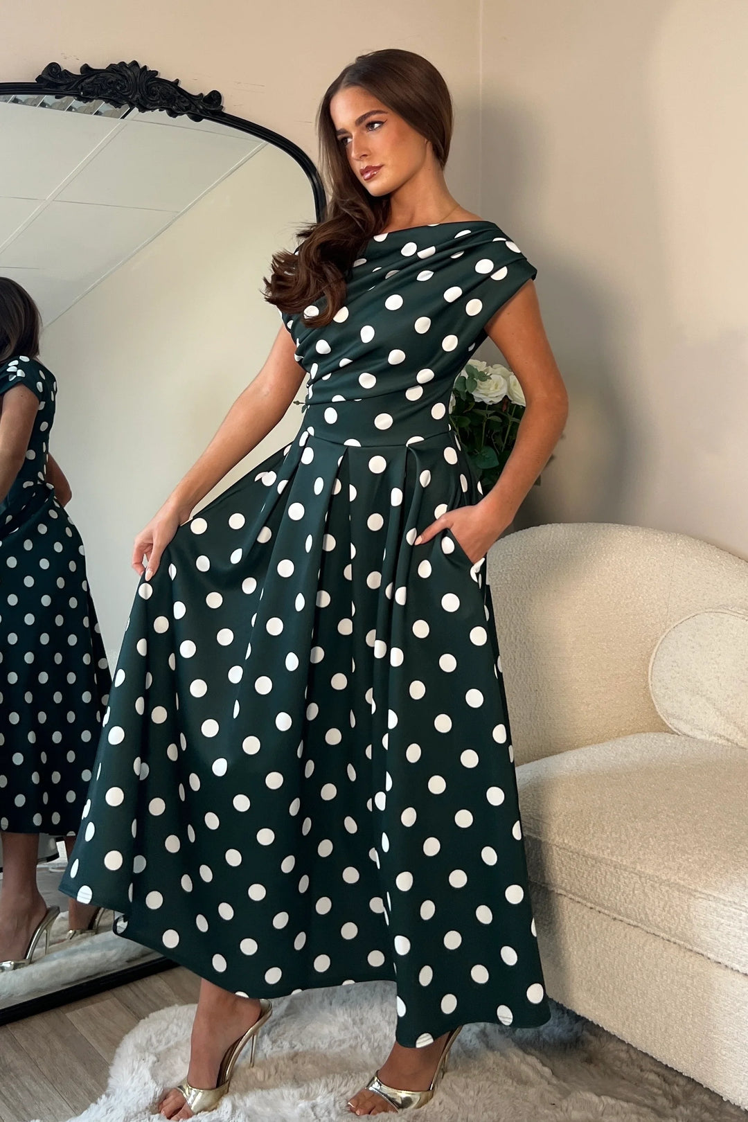 Betty Green Polka Dot Asymmetric Neckline Skater Maxi Dress With Pockets