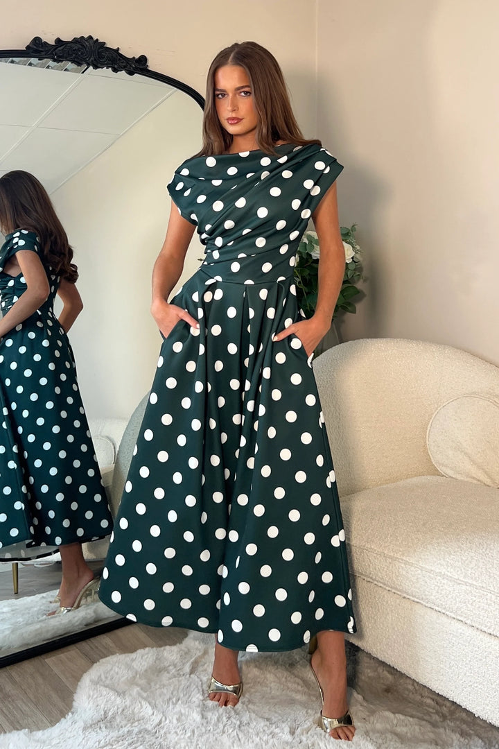 Betty Green Polka Dot Asymmetric Neckline Skater Maxi Dress With Pockets