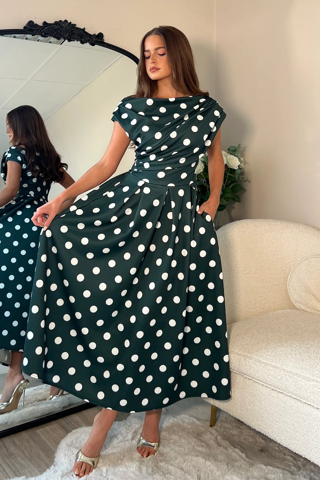 Betty Green Polka Dot Asymmetric Neckline Skater Maxi Dress With Pockets
