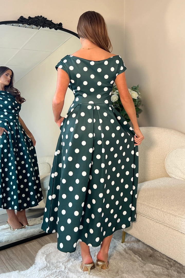 Betty Green Polka Dot Asymmetric Neckline Skater Maxi Dress With Pockets