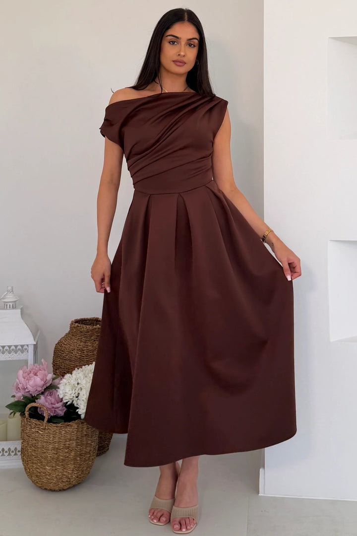 Betty Brown Asymmetric Neckline Skater Midi Dress With Pockets
