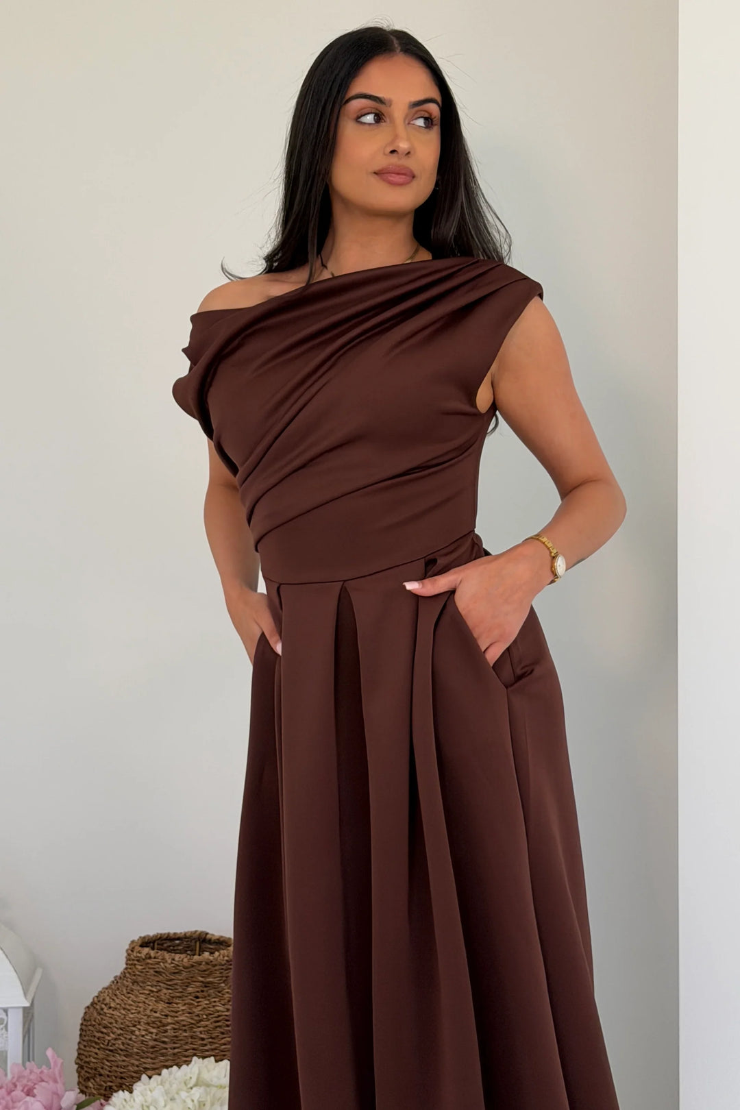 Betty Brown Asymmetric Neckline Skater Midi Dress With Pockets