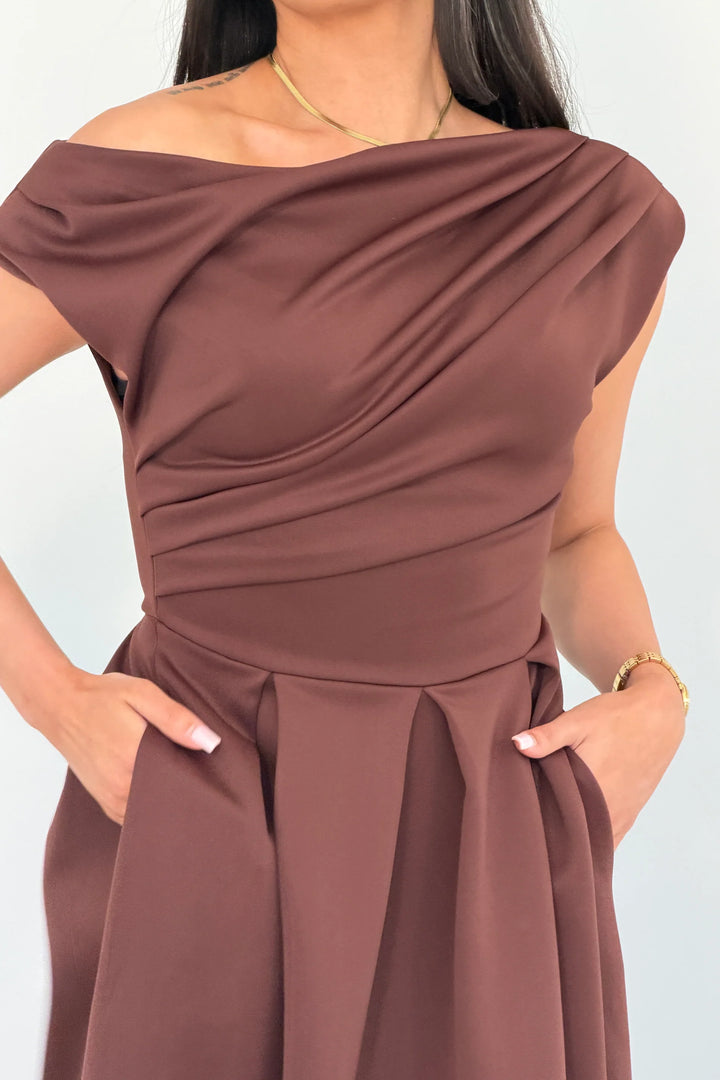 Betty Brown Asymmetric Neckline Skater Midi Dress With Pockets
