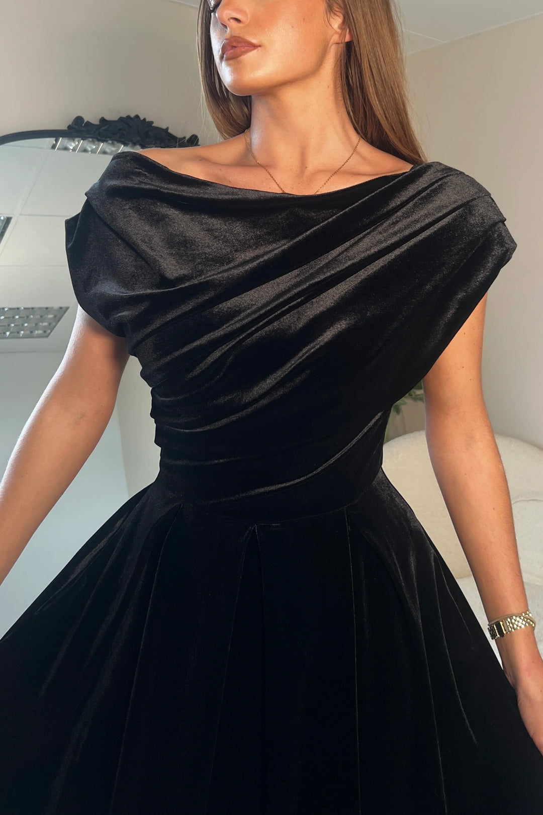 Betty Black Velvet Asymmetric Neckline Skater Midi Dress With Pockets