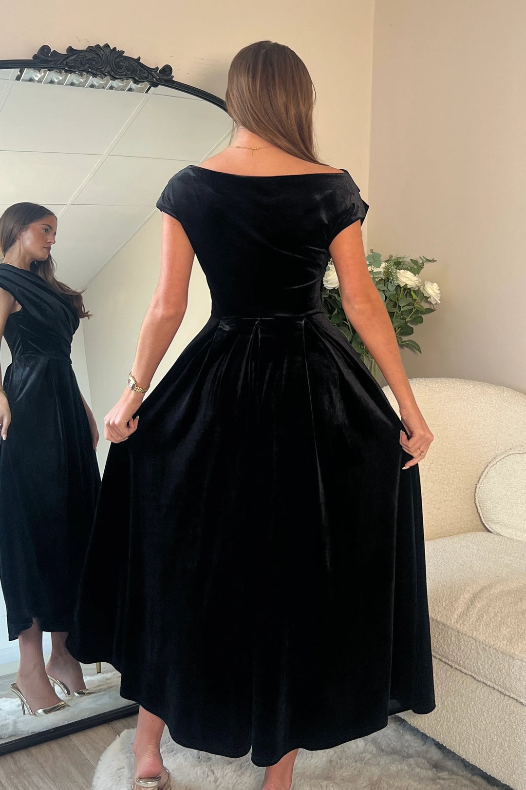 Betty Black Velvet Asymmetric Neckline Skater Midi Dress With Pockets