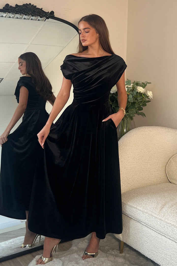 Betty Black Velvet Asymmetric Neckline Skater Midi Dress With Pockets