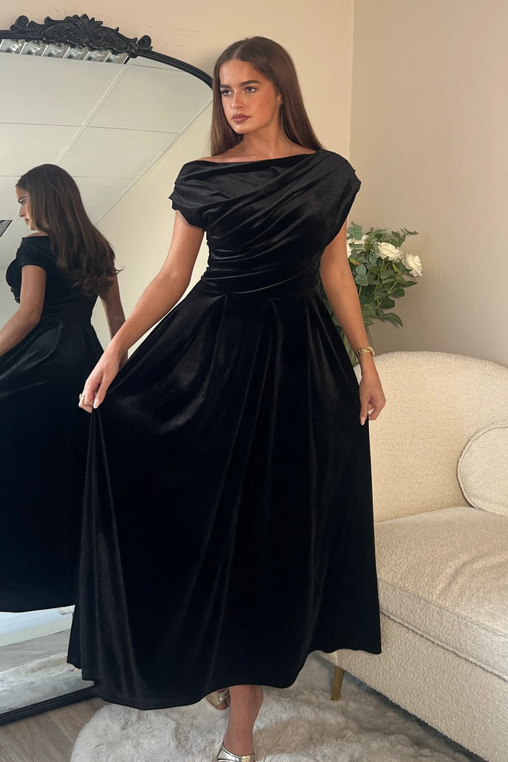 Betty Black Velvet Asymmetric Neckline Skater Midi Dress With Pockets