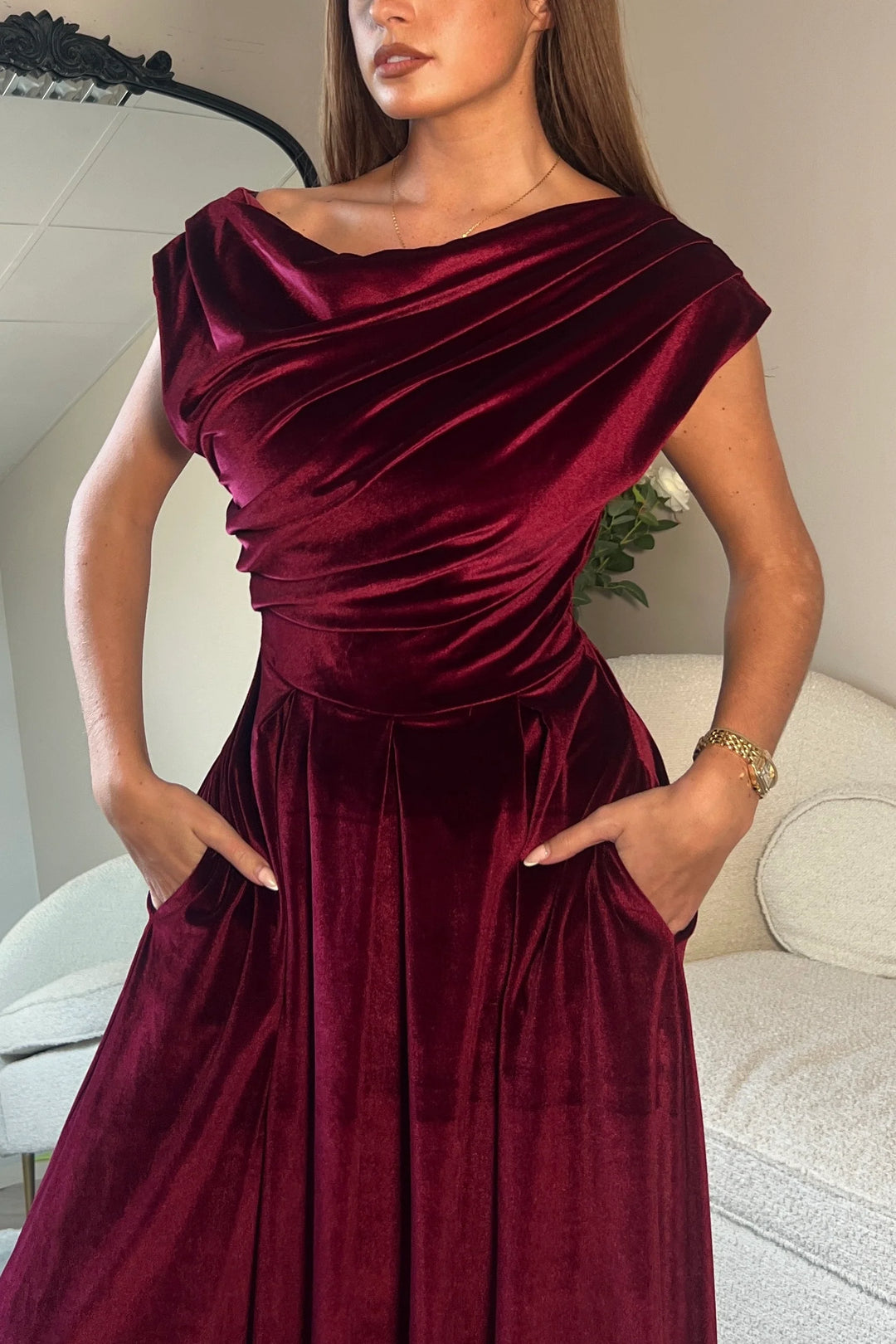 Betty Berry Velvet Asymmetric Neckline Skater Midi Dress With Pockets