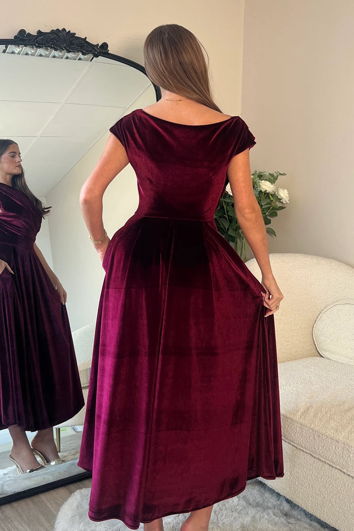 Betty Berry Velvet Asymmetric Neckline Skater Midi Dress With Pockets