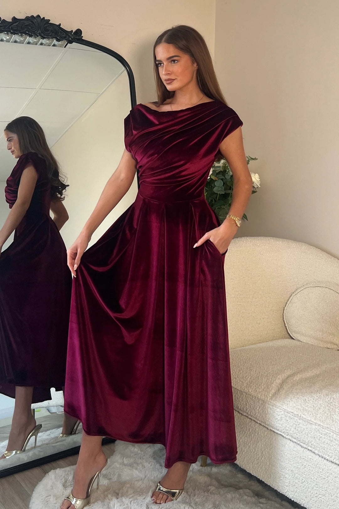 Betty Berry Velvet Asymmetric Neckline Skater Midi Dress With Pockets