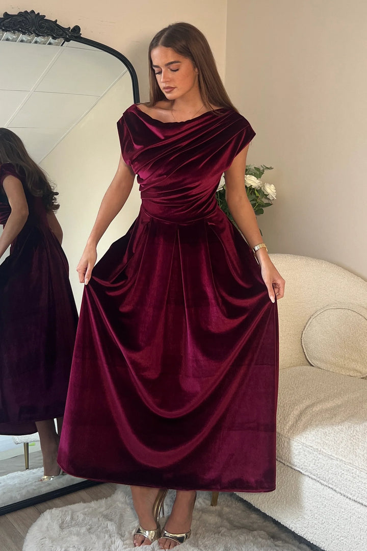 Betty Berry Velvet Asymmetric Neckline Skater Midi Dress With Pockets