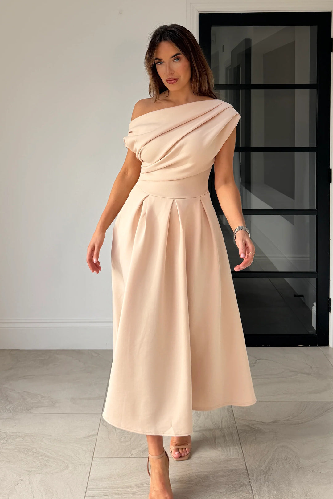 Betty Peachy Cream Asymmetric Neckline Skater Maxi Dress With Pockets