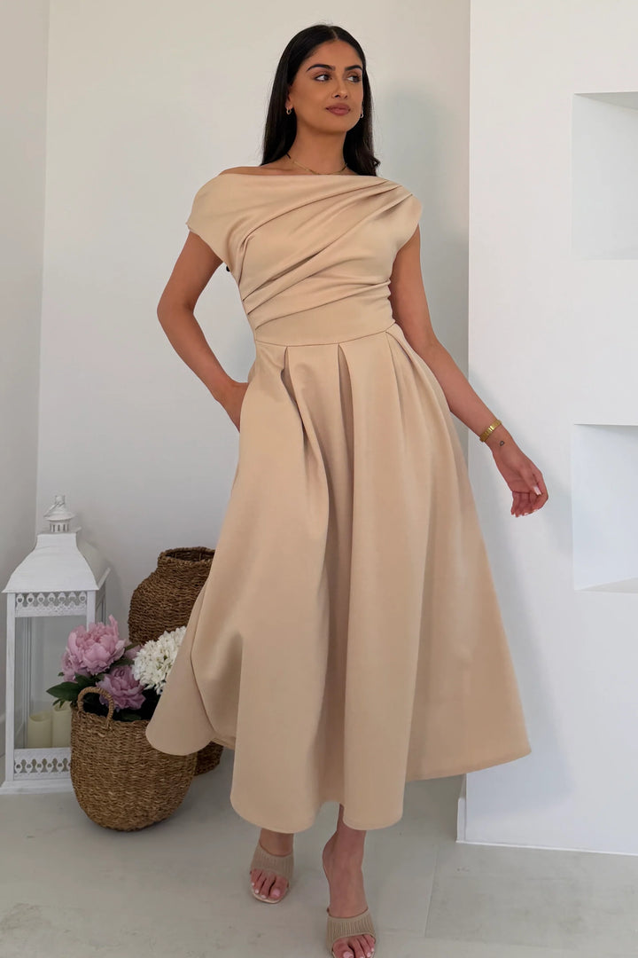 Betty Nude Asymmetric Neckline Skater Midi Dress With Pockets