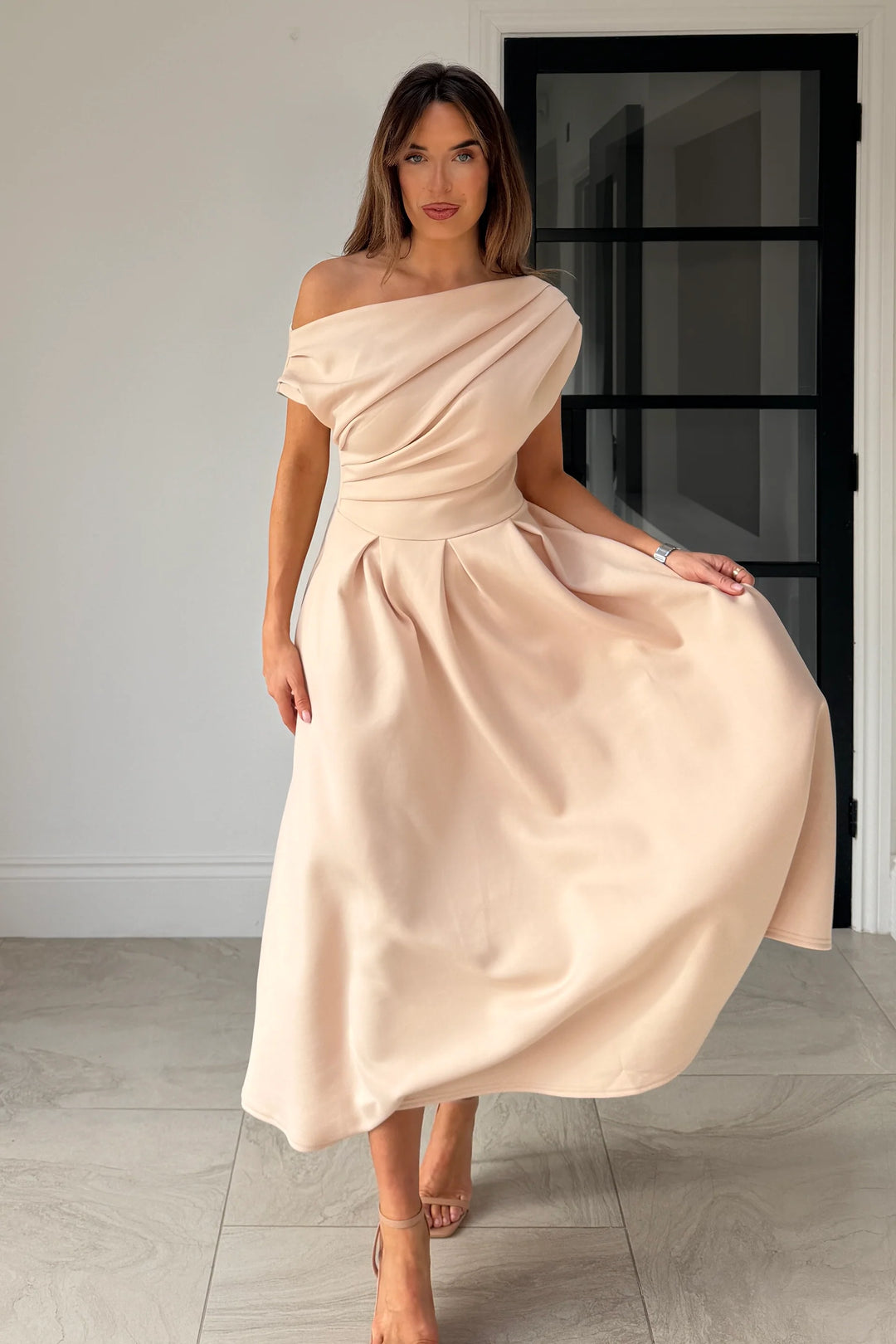 Betty Peachy Cream Asymmetric Neckline Skater Maxi Dress With Pockets