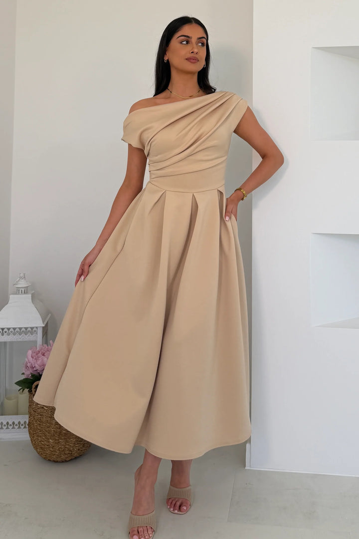 Betty Nude Asymmetric Neckline Skater Midi Dress With Pockets