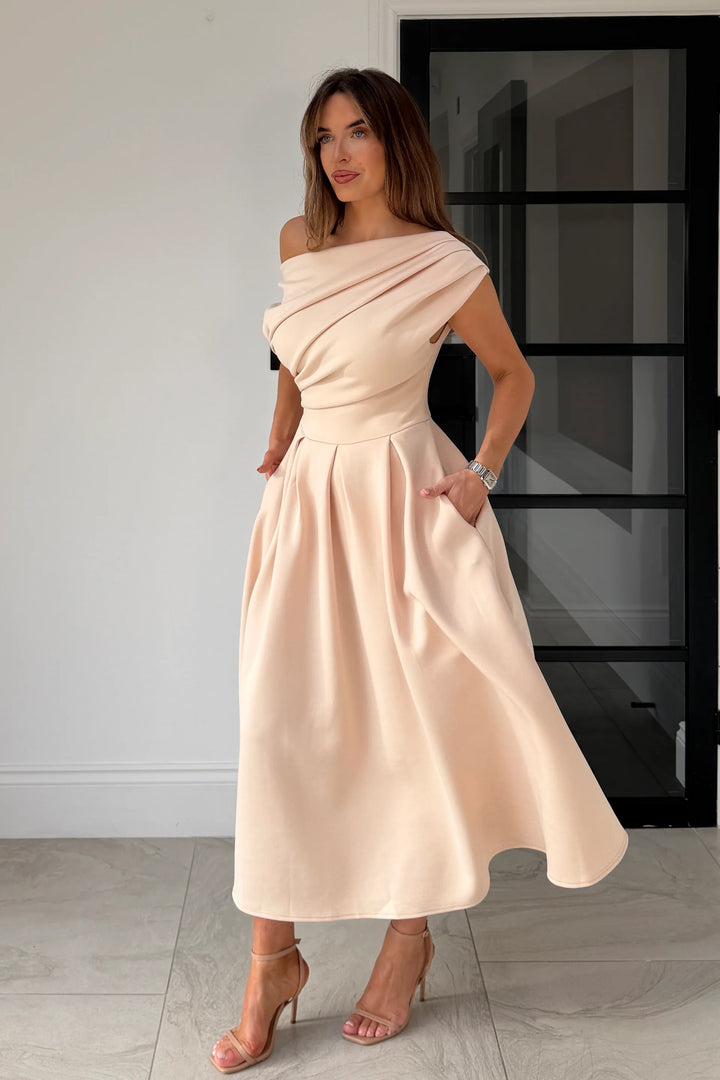 Betty Peachy Cream Asymmetric Neckline Skater Maxi Dress With Pockets