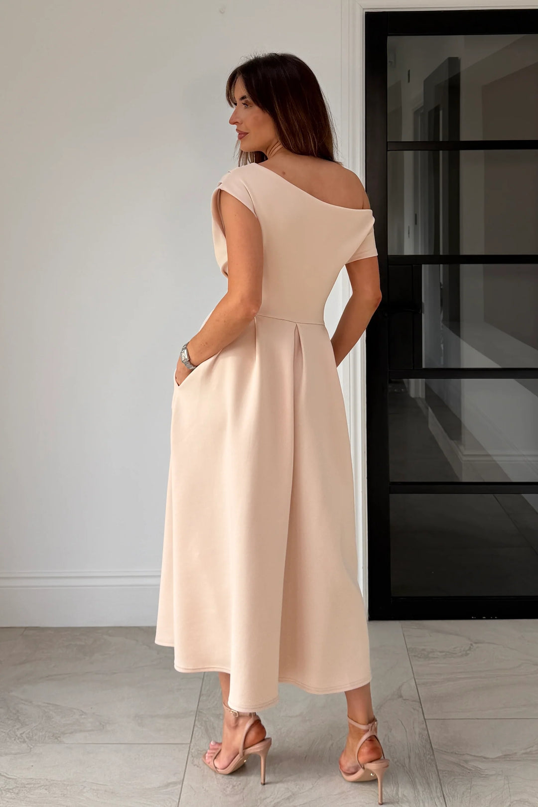 Betty Peachy Cream Asymmetric Neckline Skater Maxi Dress With Pockets