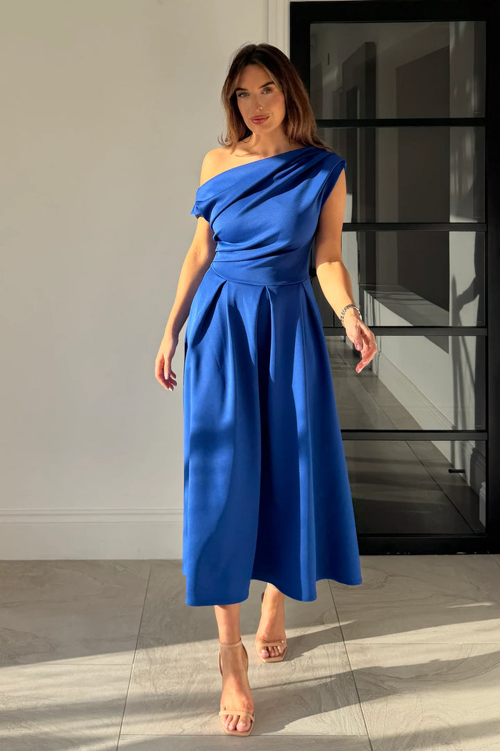 Betty Cobalt Blue Asymmetric Neckline Skater Maxi Dress With Pockets