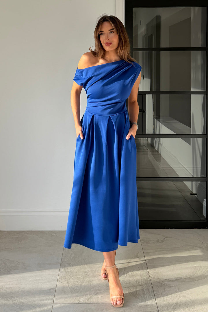 Betty Cobalt Blue Asymmetric Neckline Skater Maxi Dress With Pockets