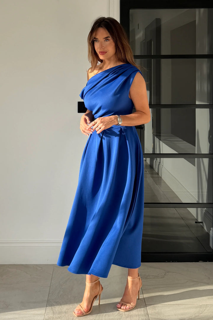 Betty Cobalt Blue Asymmetric Neckline Skater Maxi Dress With Pockets