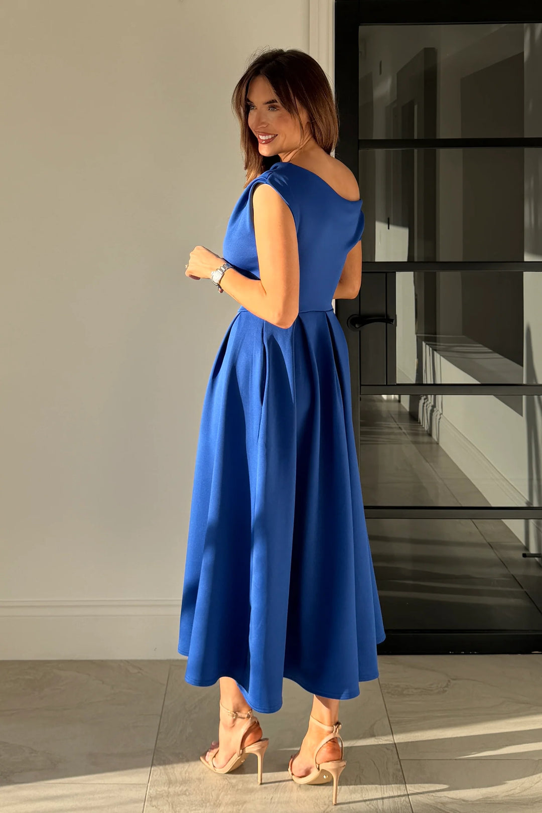 Betty Cobalt Blue Asymmetric Neckline Skater Maxi Dress With Pockets