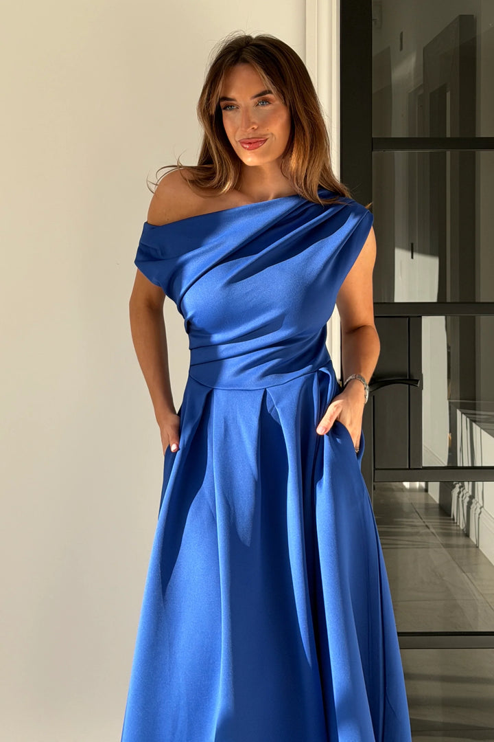 Betty Cobalt Blue Asymmetric Neckline Skater Maxi Dress With Pockets