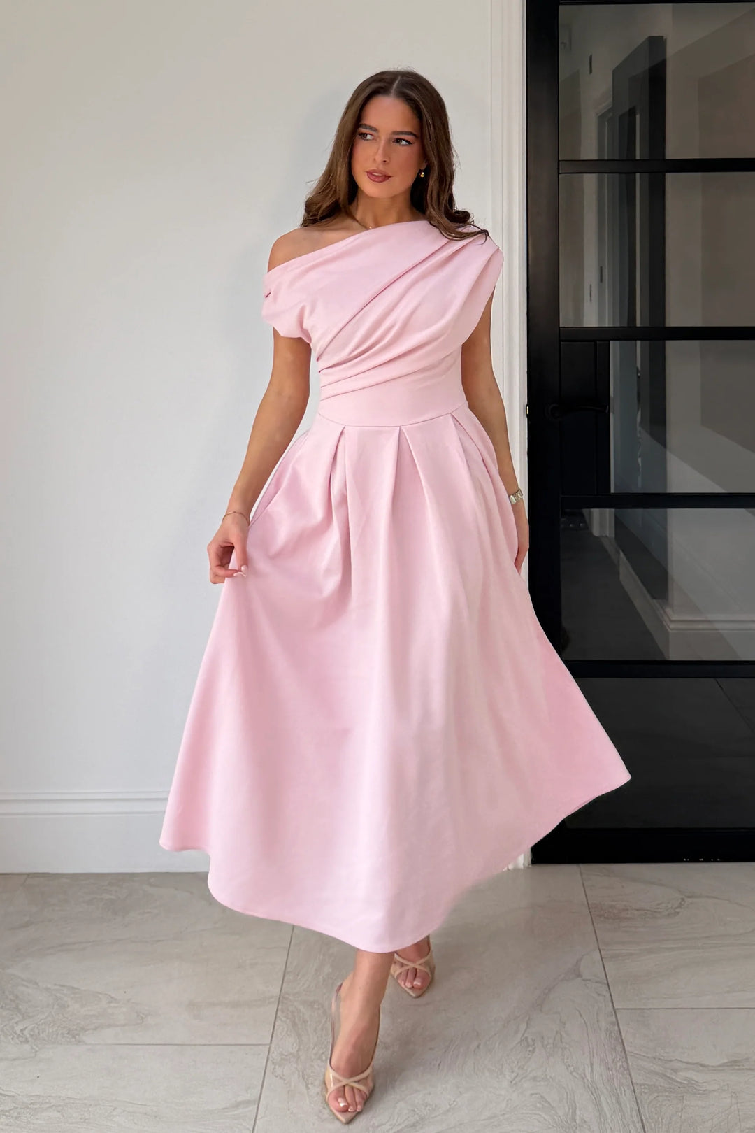 Betty Powder Pink Asymmetric Neckline Skater Maxi Dress With Pockets
