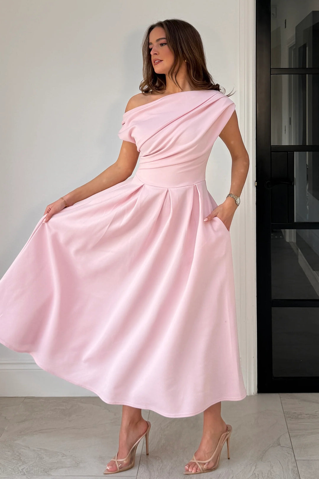 Betty Powder Pink Asymmetric Neckline Skater Maxi Dress With Pockets