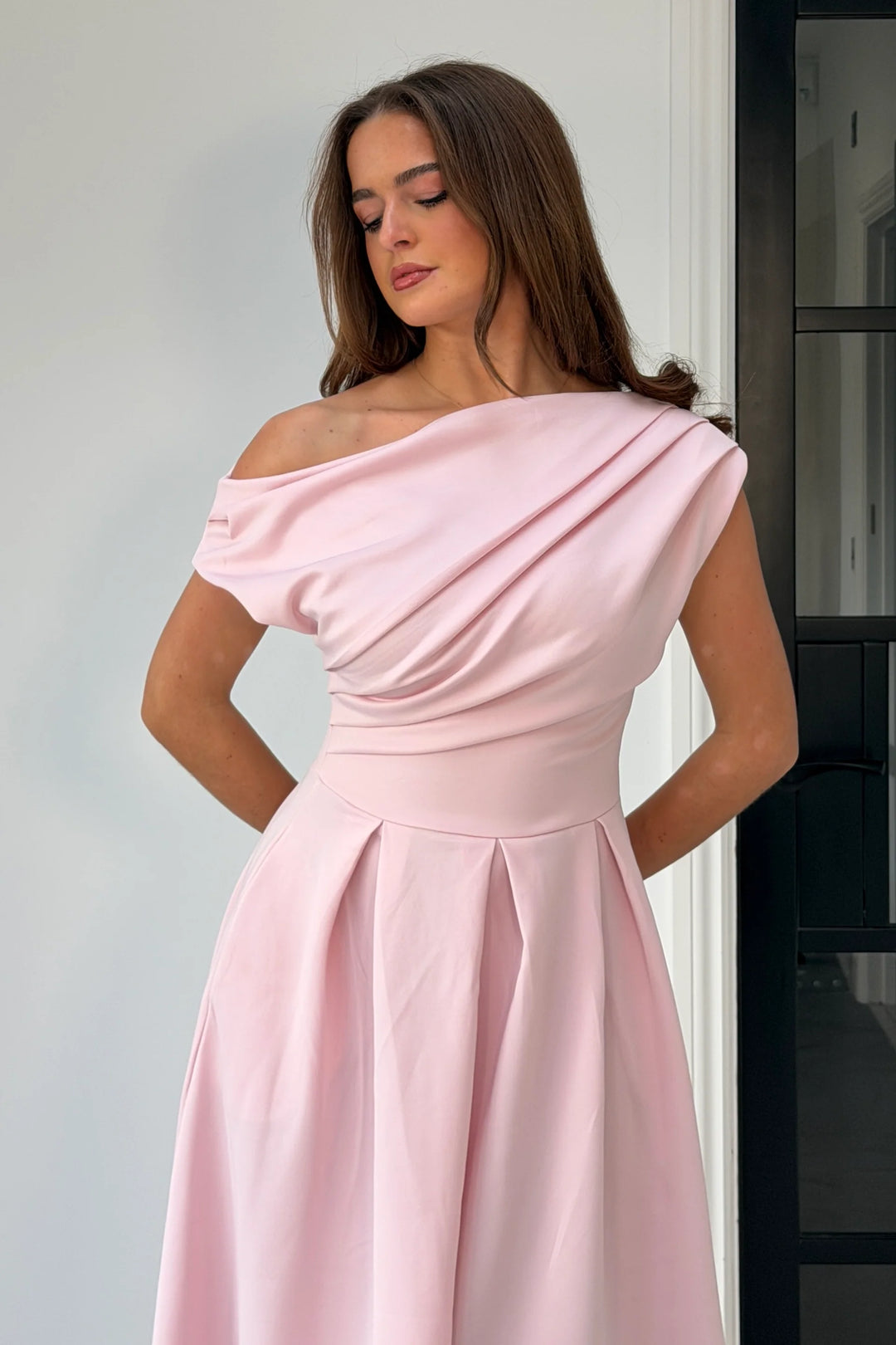 Betty Powder Pink Asymmetric Neckline Skater Maxi Dress With Pockets