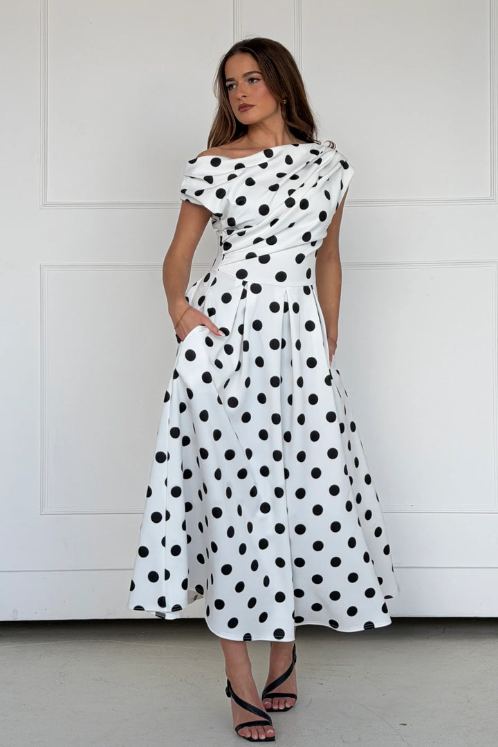 Betty White Polka Dot Asymmetric Neckline Skater Midi Dress With Pockets