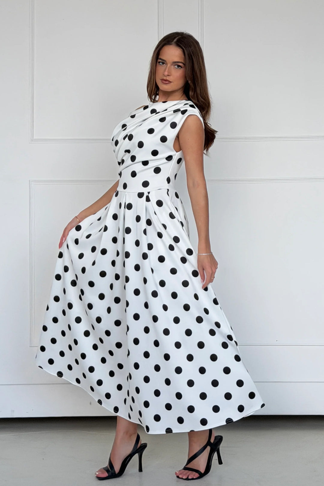 Betty White Polka Dot Asymmetric Neckline Skater Midi Dress With Pockets
