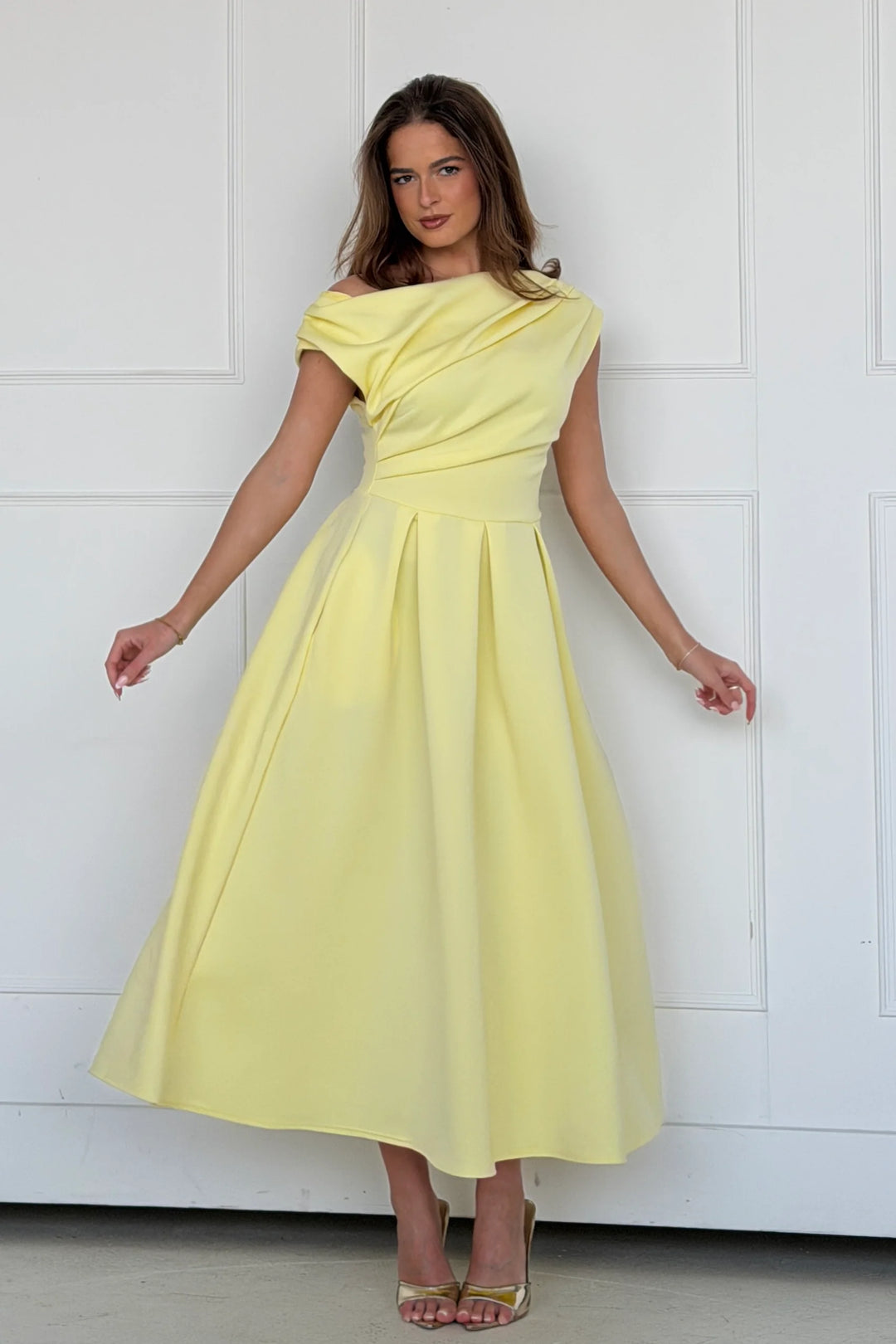 Betty Yellow Asymmetric Neckline Skater Midi Dress With Pockets