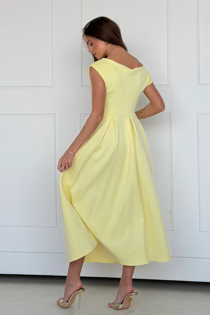Betty Yellow Asymmetric Neckline Skater Midi Dress With Pockets