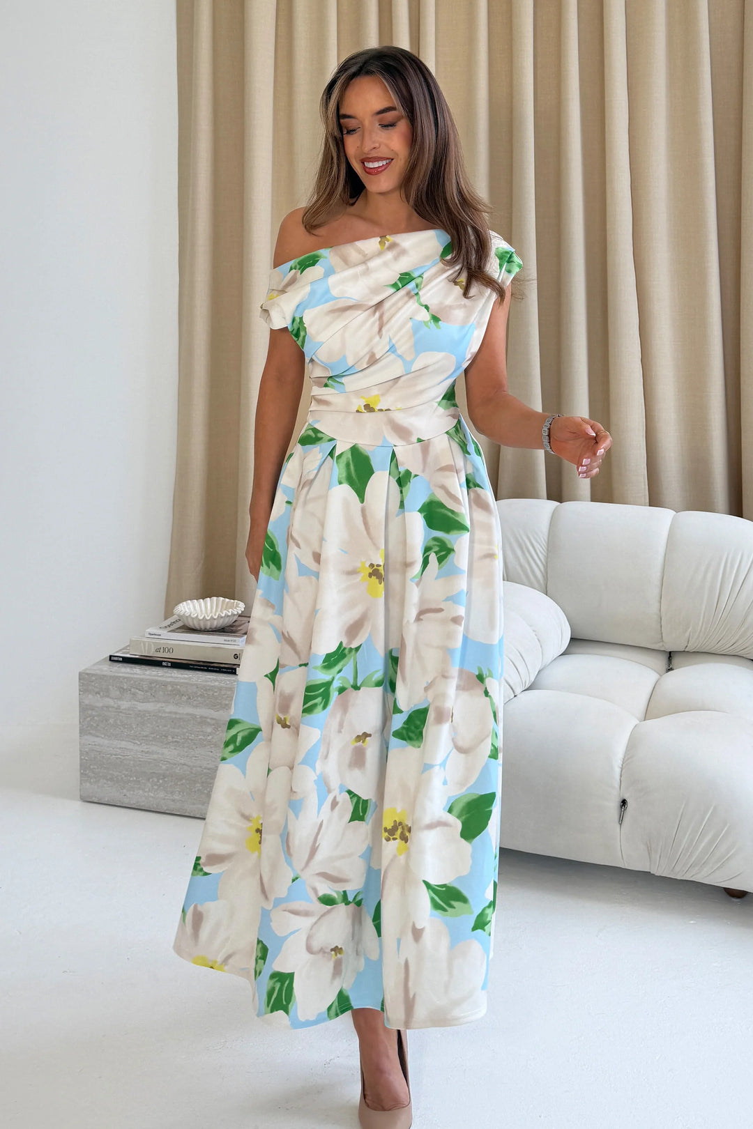 Betty Pale Blue & Green Floral Asymmetric Neckline Skater Midi Dress With Pockets