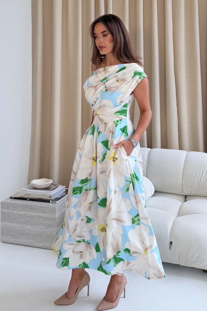 Betty Pale Blue & Green Floral Asymmetric Neckline Skater Midi Dress With Pockets