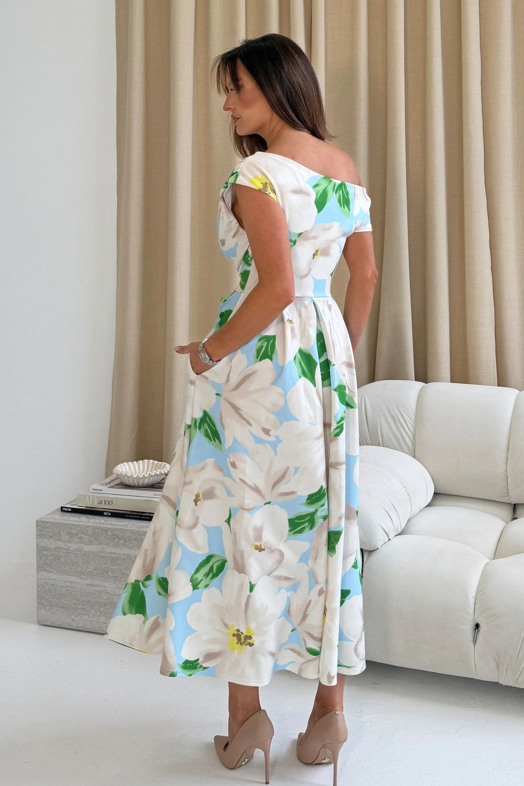 Betty Pale Blue & Green Floral Asymmetric Neckline Skater Midi Dress With Pockets