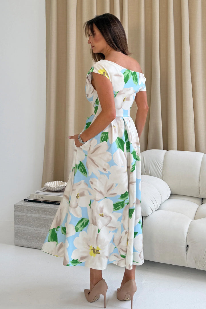 Betty Pale Blue & Green Floral Asymmetric Neckline Skater Midi Dress With Pockets